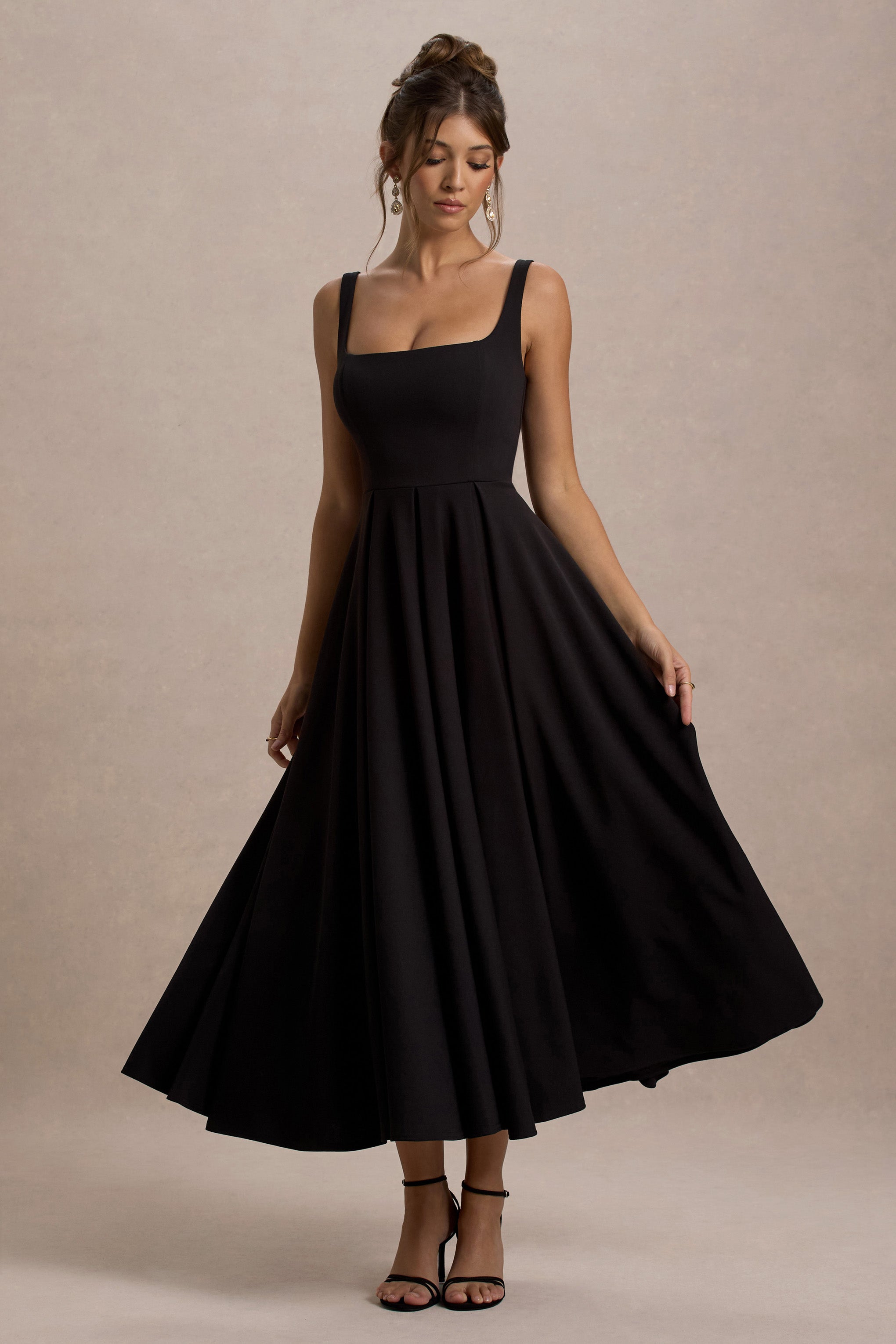 Pia Women's Black Midi Dress | Scuba Crepe, Square Neckline, Pleated Skirt