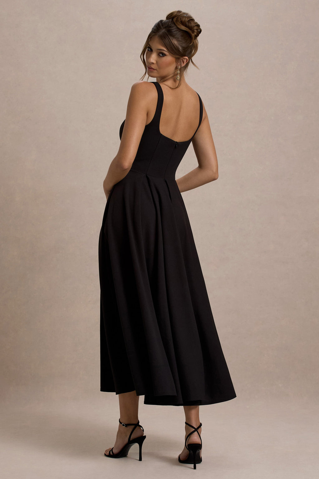 Pia Women's Black Midi Dress | Scuba Crepe, Square Neckline, Pleated Skirt