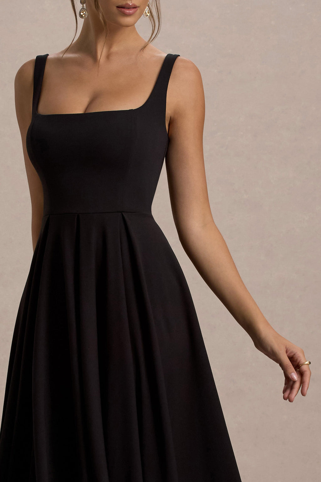 Pia Women's Black Midi Dress | Scuba Crepe, Square Neckline, Pleated Skirt