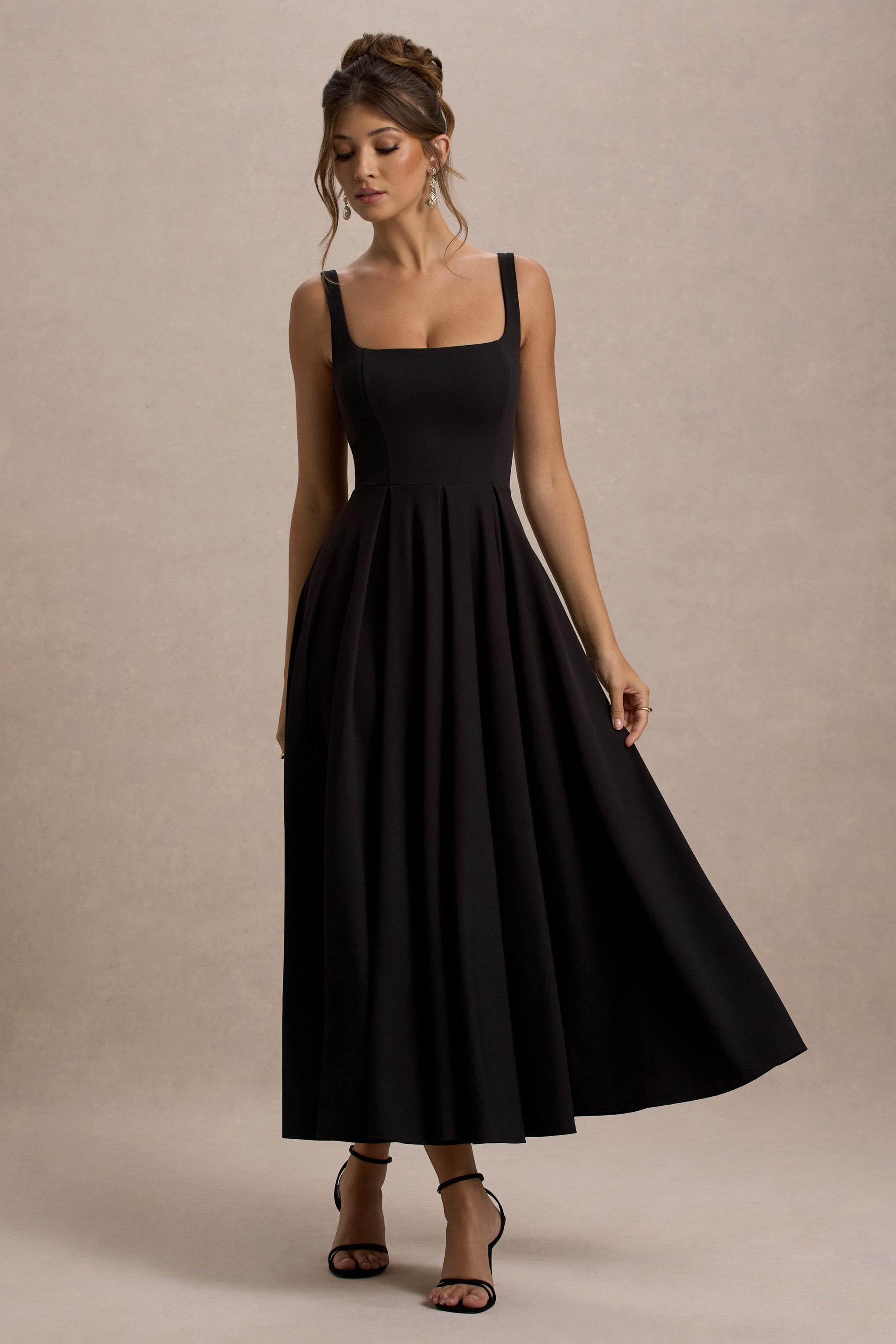 Pia Women's Black Midi Dress | Scuba Crepe, Square Neckline, Pleated Skirt
