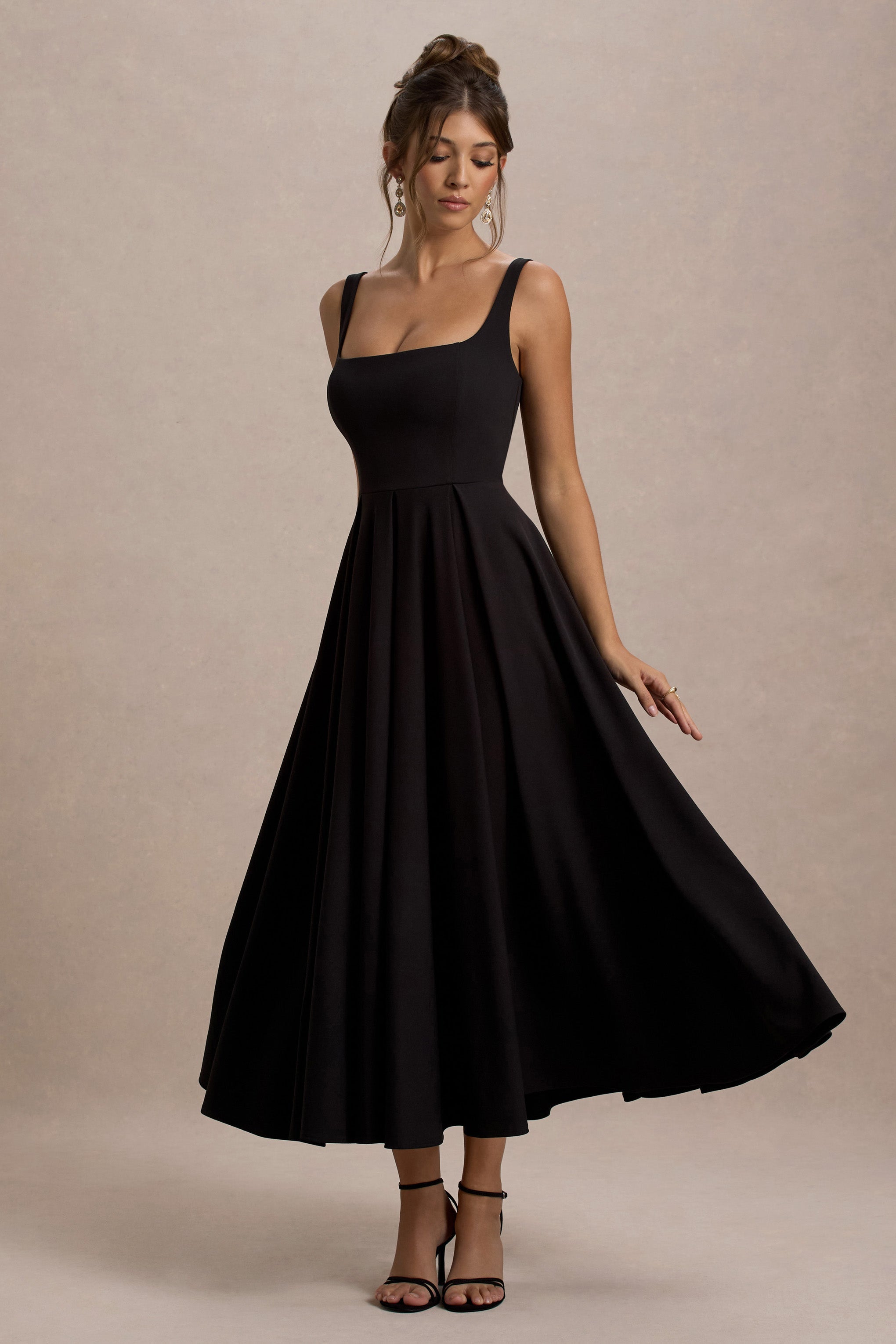 Pia Women's Black Midi Dress | Scuba Crepe, Square Neckline, Pleated Skirt