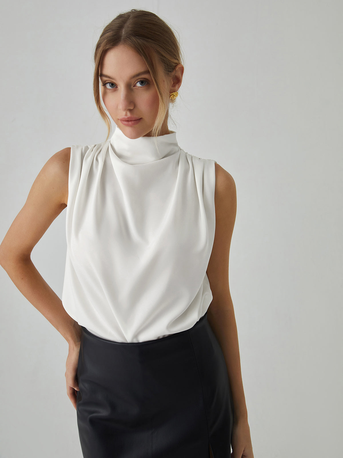 Piper Women's Blouse | Satin Mock Neck Sleeveless with Pleated Detail