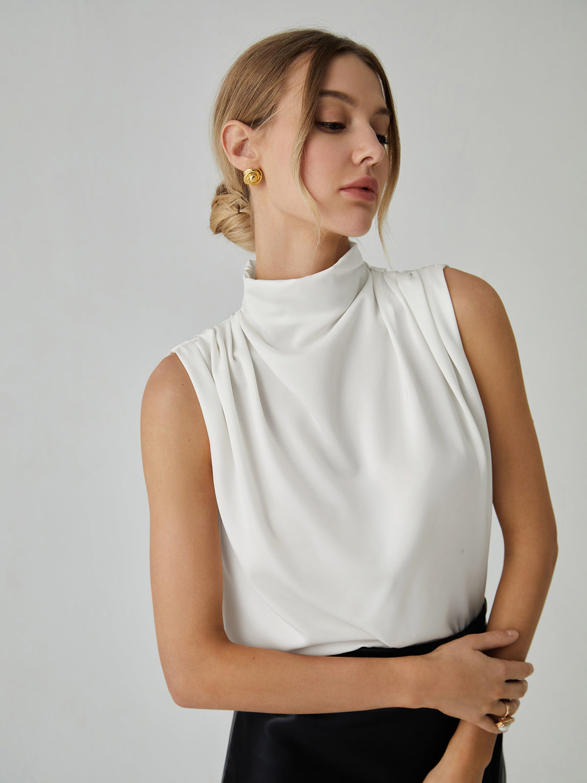 Piper Women's Blouse | Satin Mock Neck Sleeveless with Pleated Detail