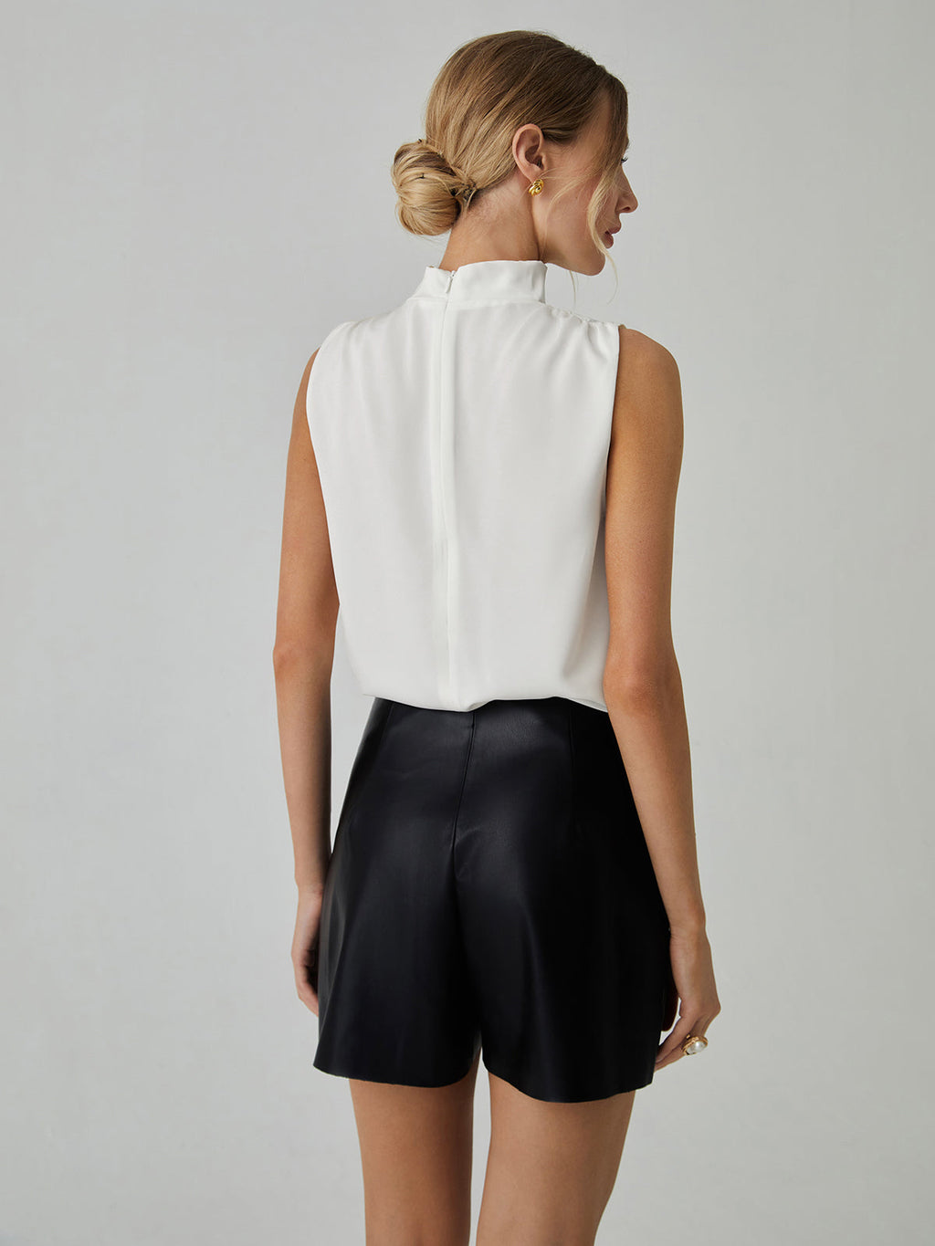 Piper Women's Blouse | Satin Mock Neck Sleeveless with Pleated Detail