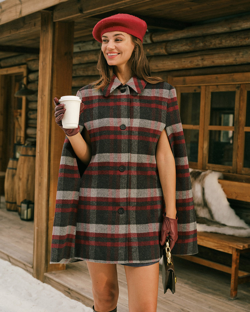 Raven Women's Coat | Wool Blend, Plaid Cape Design