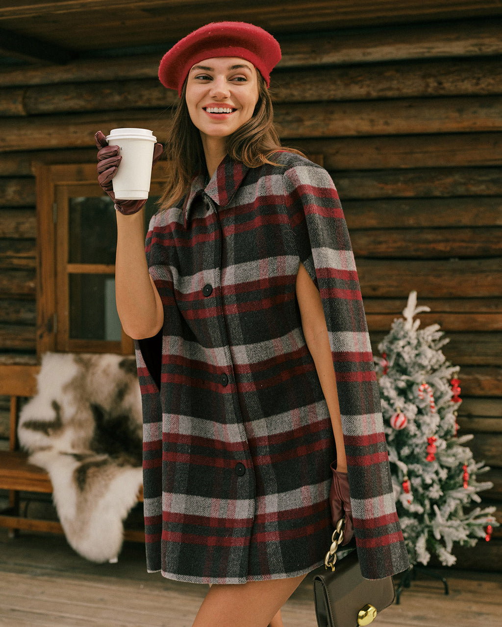 Raven Women's Coat | Wool Blend, Plaid Cape Design