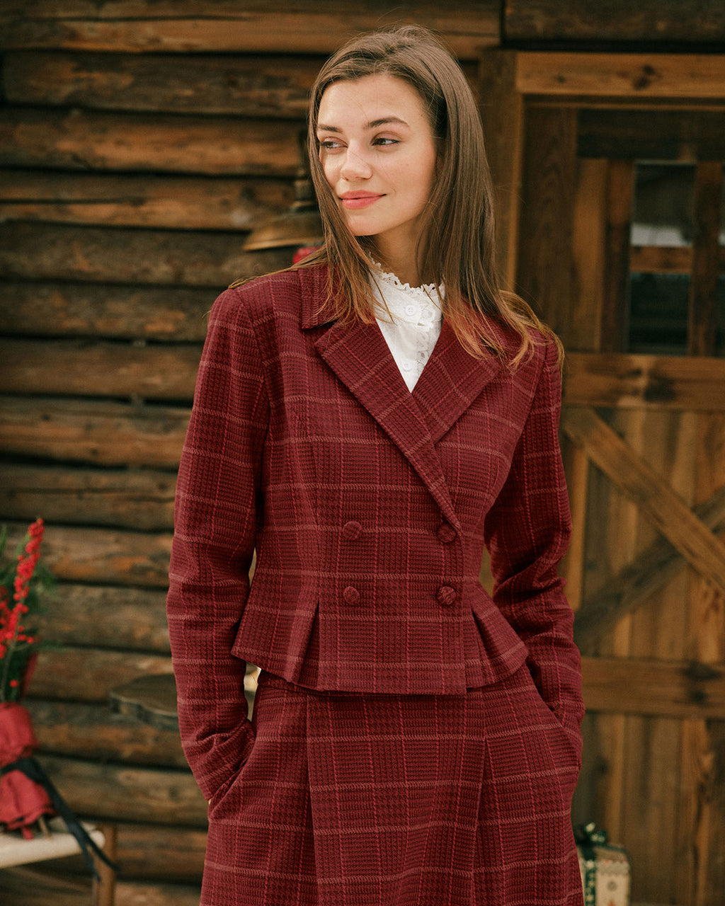 Raven Women's Jacket | Plaid Double Breasted, Ruched Details