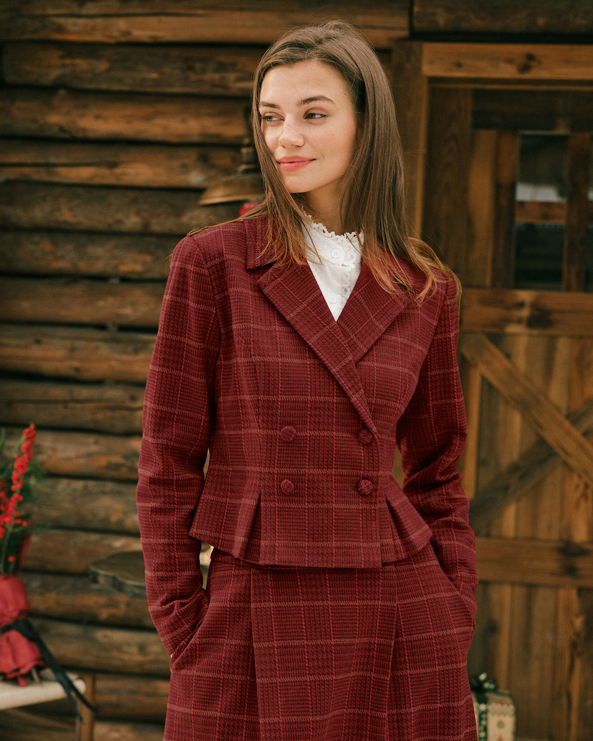 Raven Women's Jacket | Plaid Double Breasted, Ruched Details