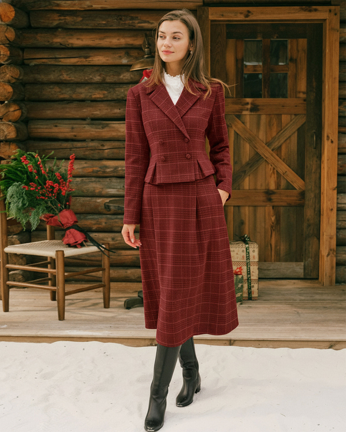 Raven Women's Jacket | Plaid Double Breasted, Ruched Details