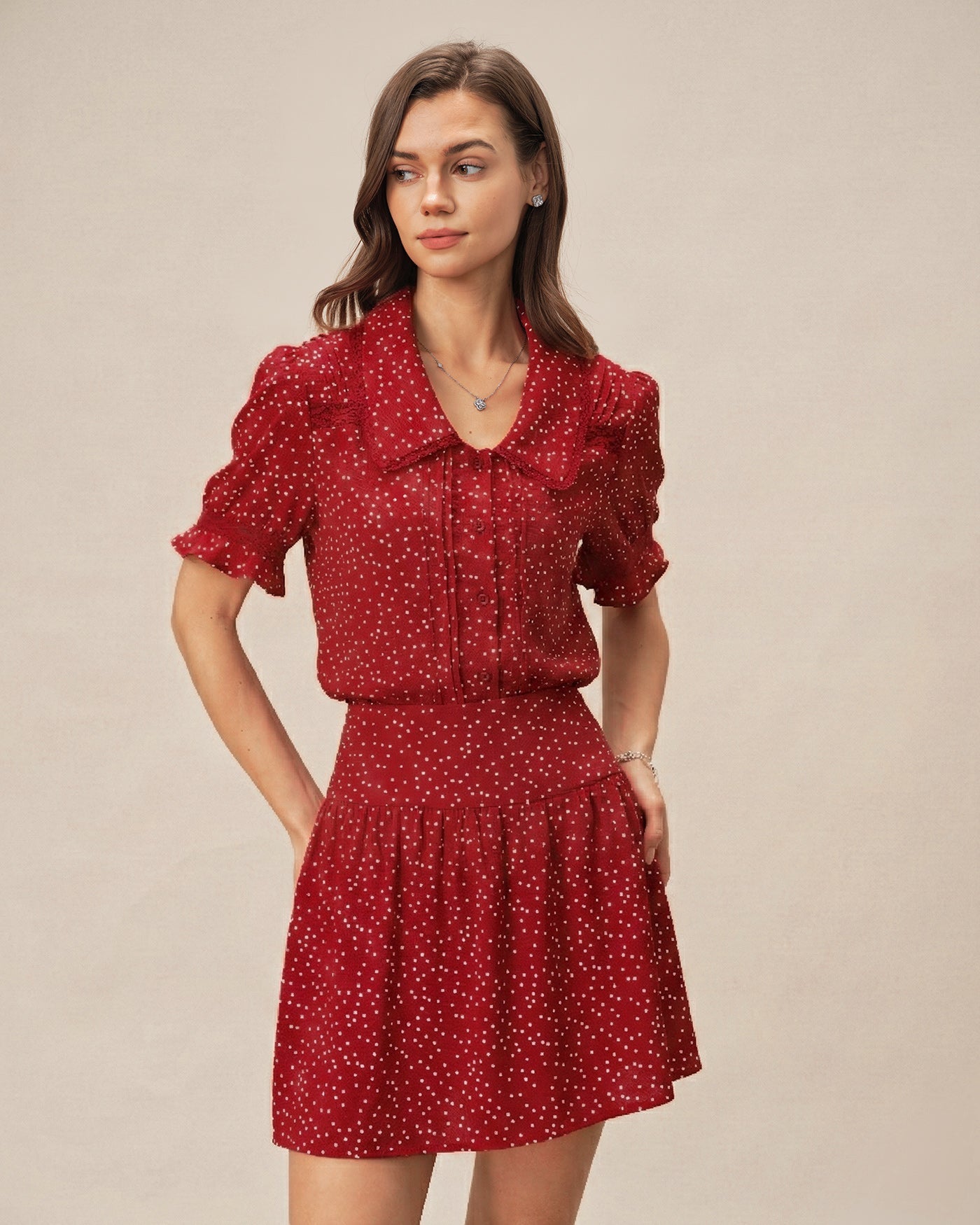 Rhea Women's Blouse | Polka Dot Puff Sleeve Top, Hip Length
