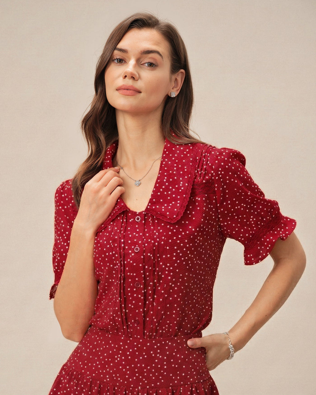 Rhea Women's Blouse | Polka Dot Puff Sleeve Top, Hip Length