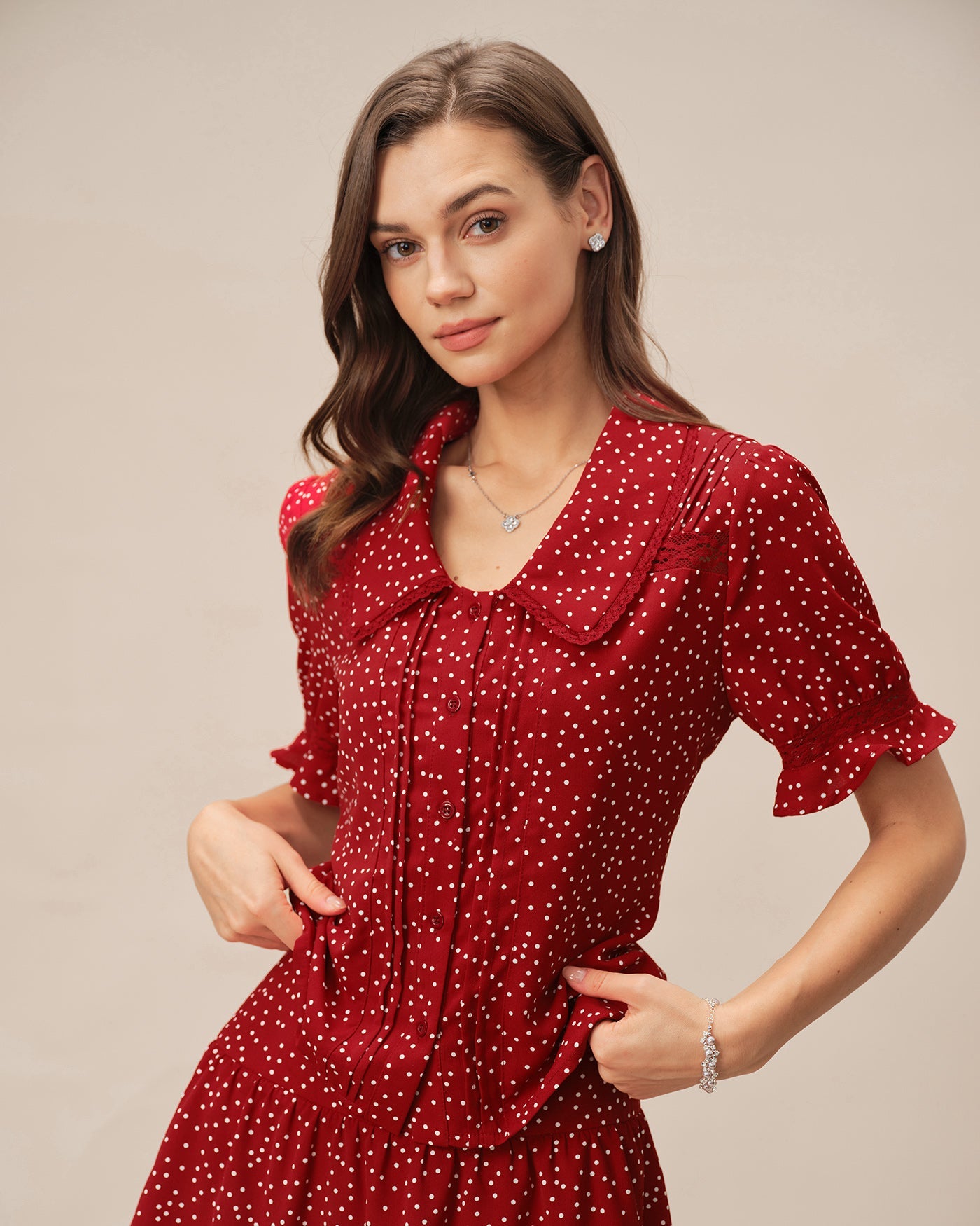 Rhea Women's Blouse | Polka Dot Puff Sleeve Top, Hip Length