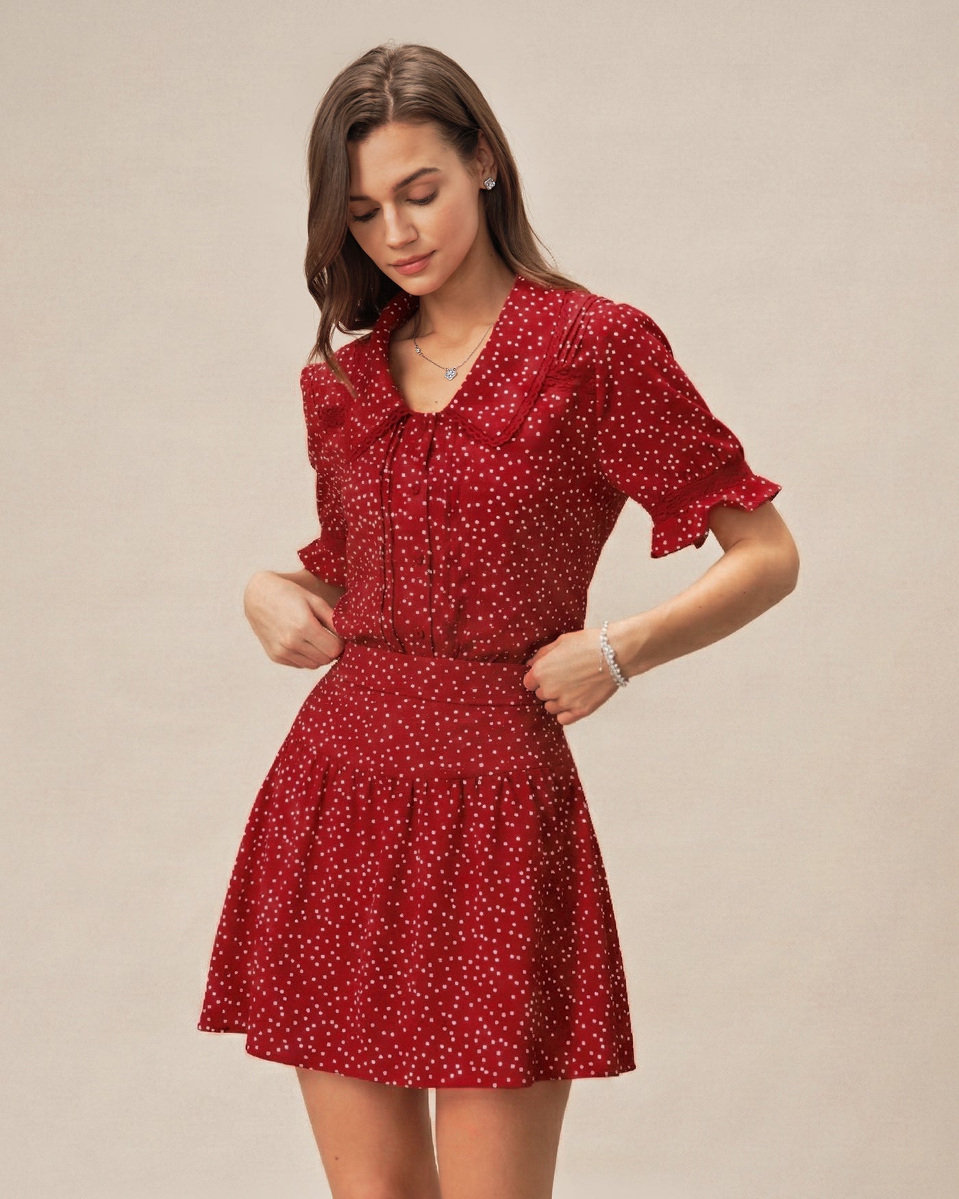 Rhea Women's Blouse | Polka Dot Puff Sleeve Top, Hip Length