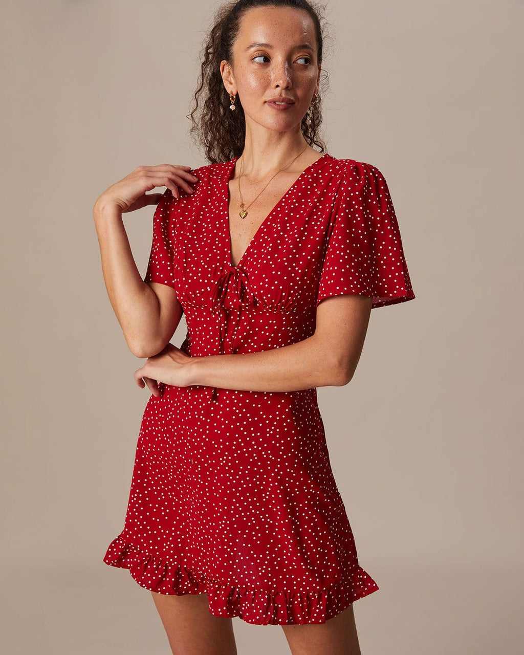 Rhea Women's Mini Dress | Polka Dot V-Neck, Flounce Hem