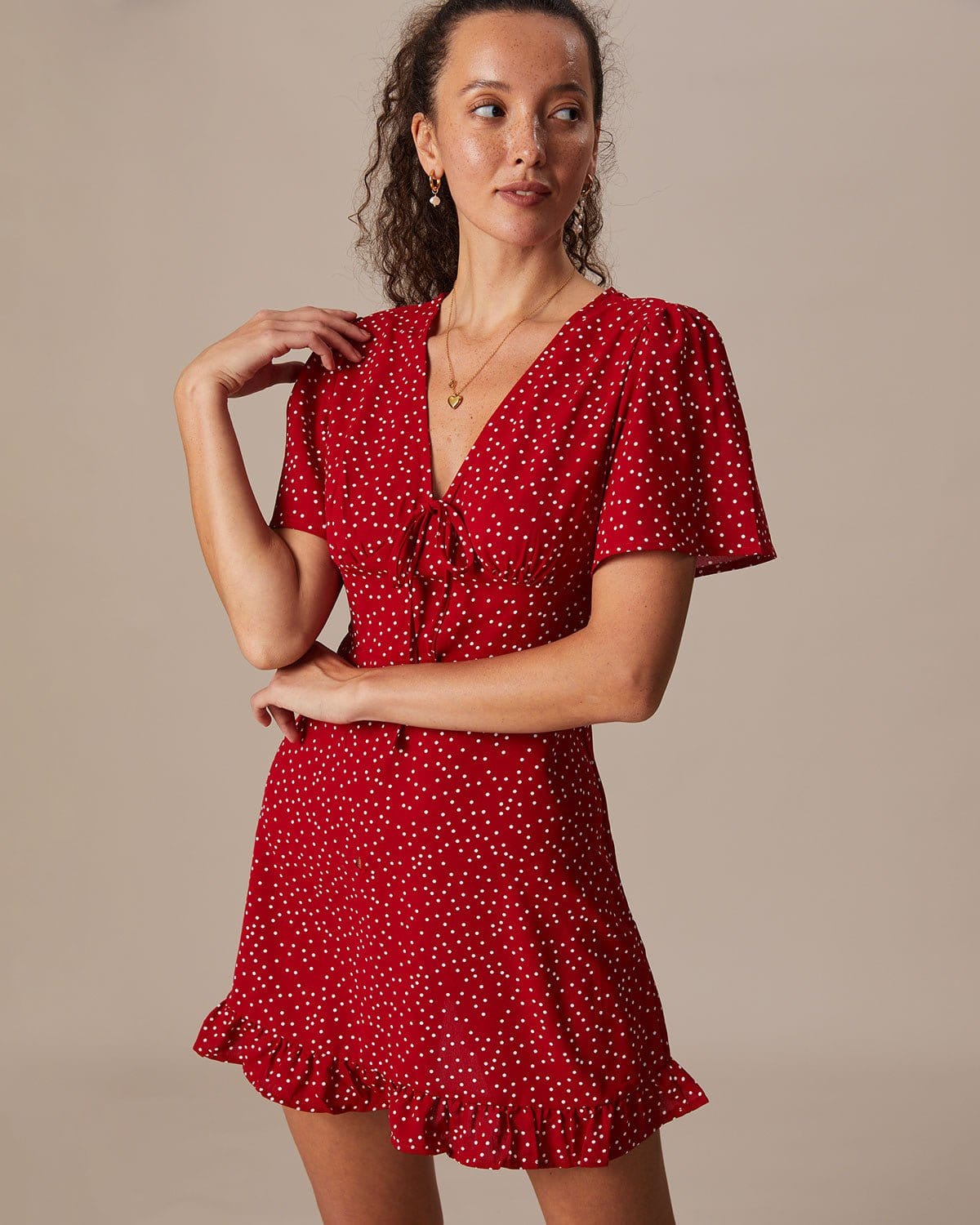 Rhea Women's Mini Dress | Polka Dot V-Neck, Flounce Hem