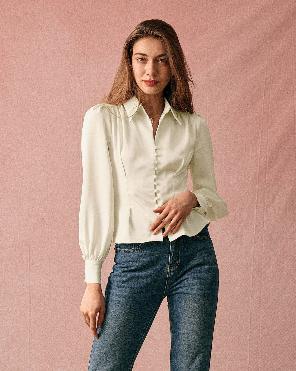 Sienna Women's Blouse | Satin Puff Sleeve, Button-Up Long Sleeve Top