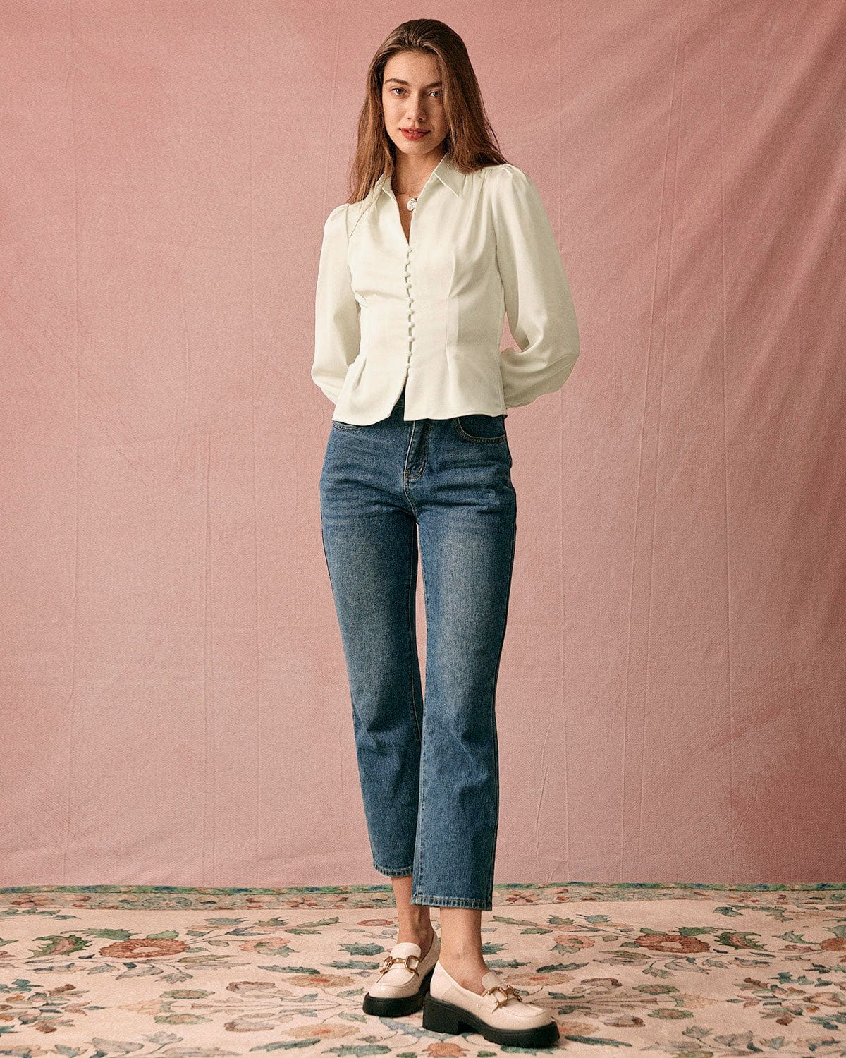 Sienna Women's Blouse | Satin Puff Sleeve, Button-Up Long Sleeve Top
