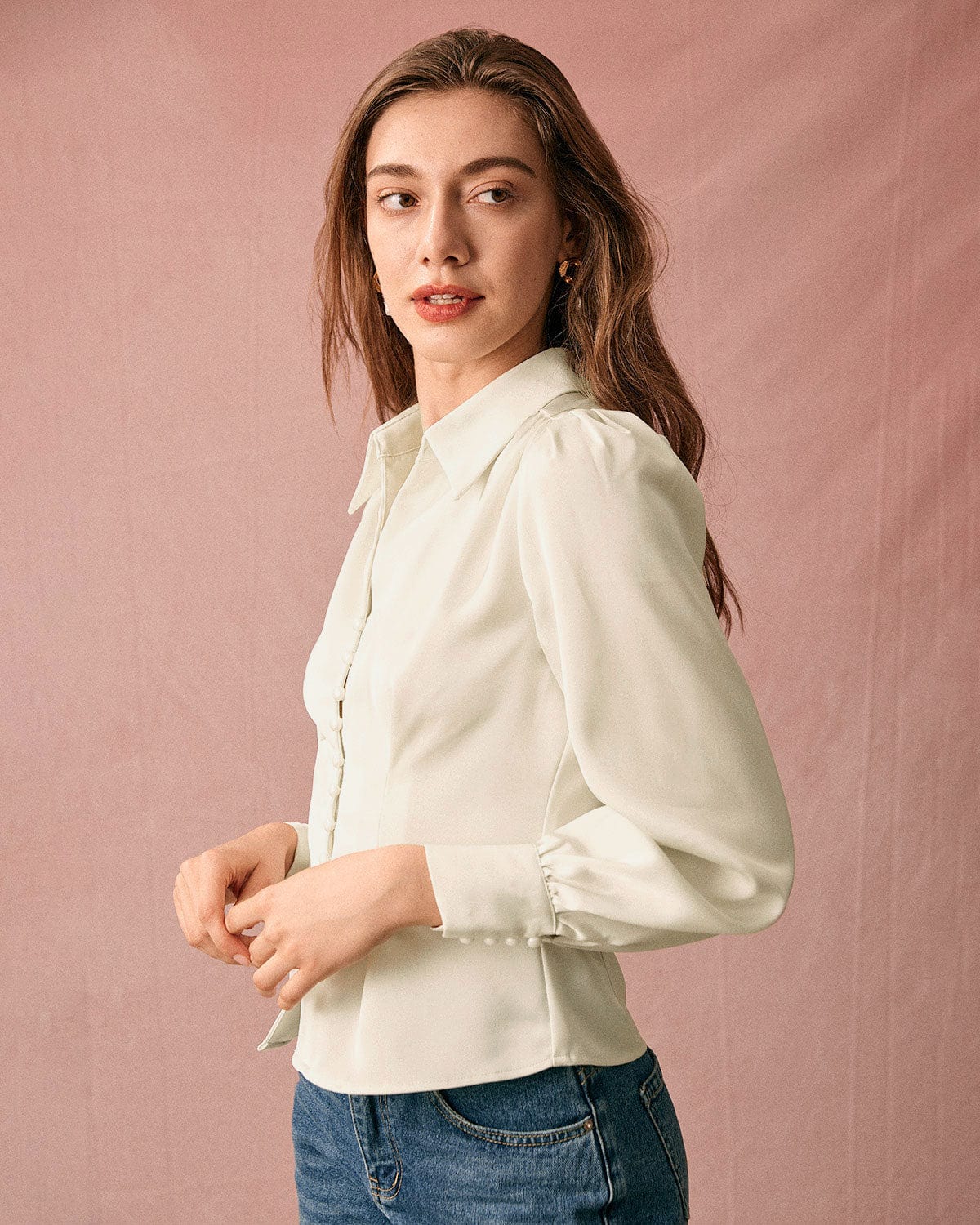 Sienna Women's Blouse | Satin Puff Sleeve, Button-Up Long Sleeve Top