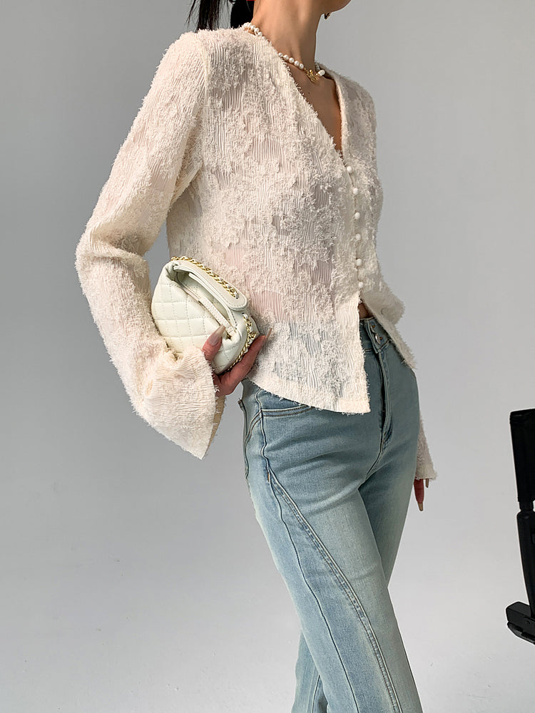 Sienna Women's Blouse | Semi-Sheer V-Neck, Long Sleeve Tops