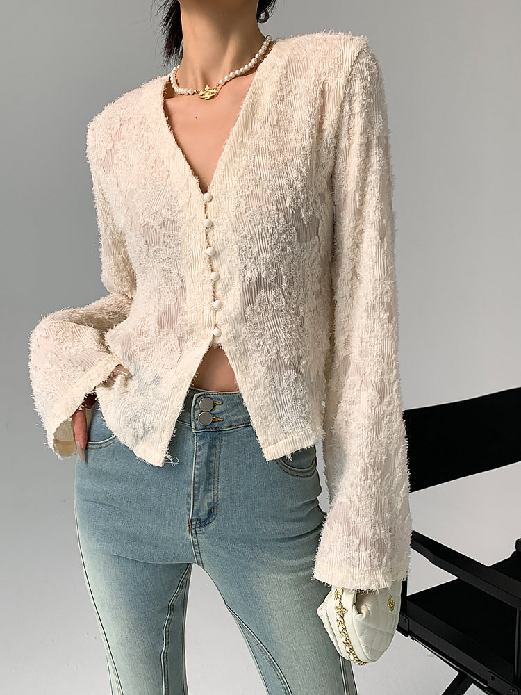 Sienna Women's Blouse | Semi-Sheer V-Neck, Long Sleeve Tops