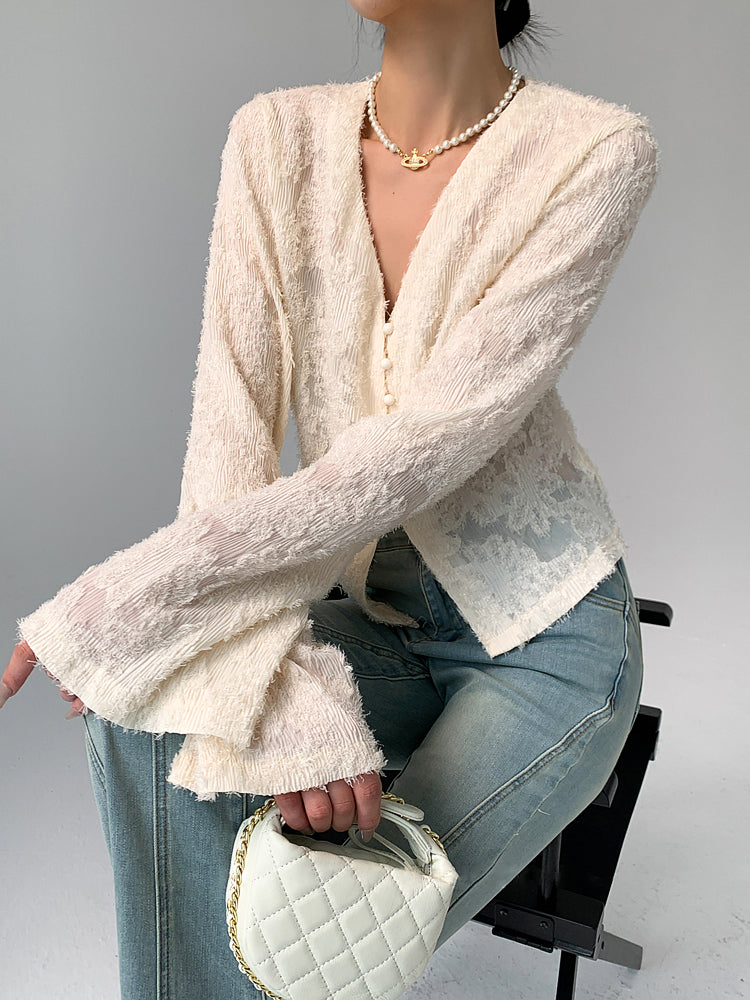 Sienna Women's Blouse | Semi-Sheer V-Neck, Long Sleeve Tops