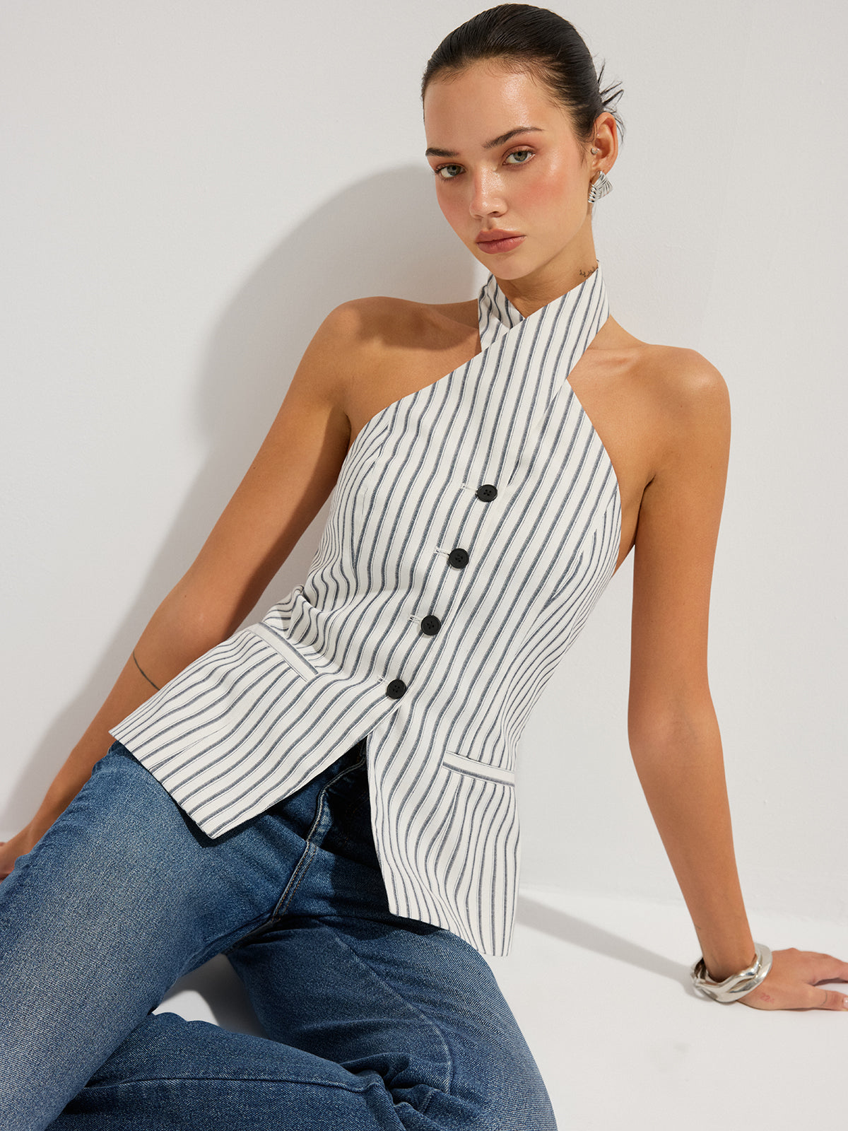 Sienna Women's Halter Vest | 100% Cotton, Striped Design