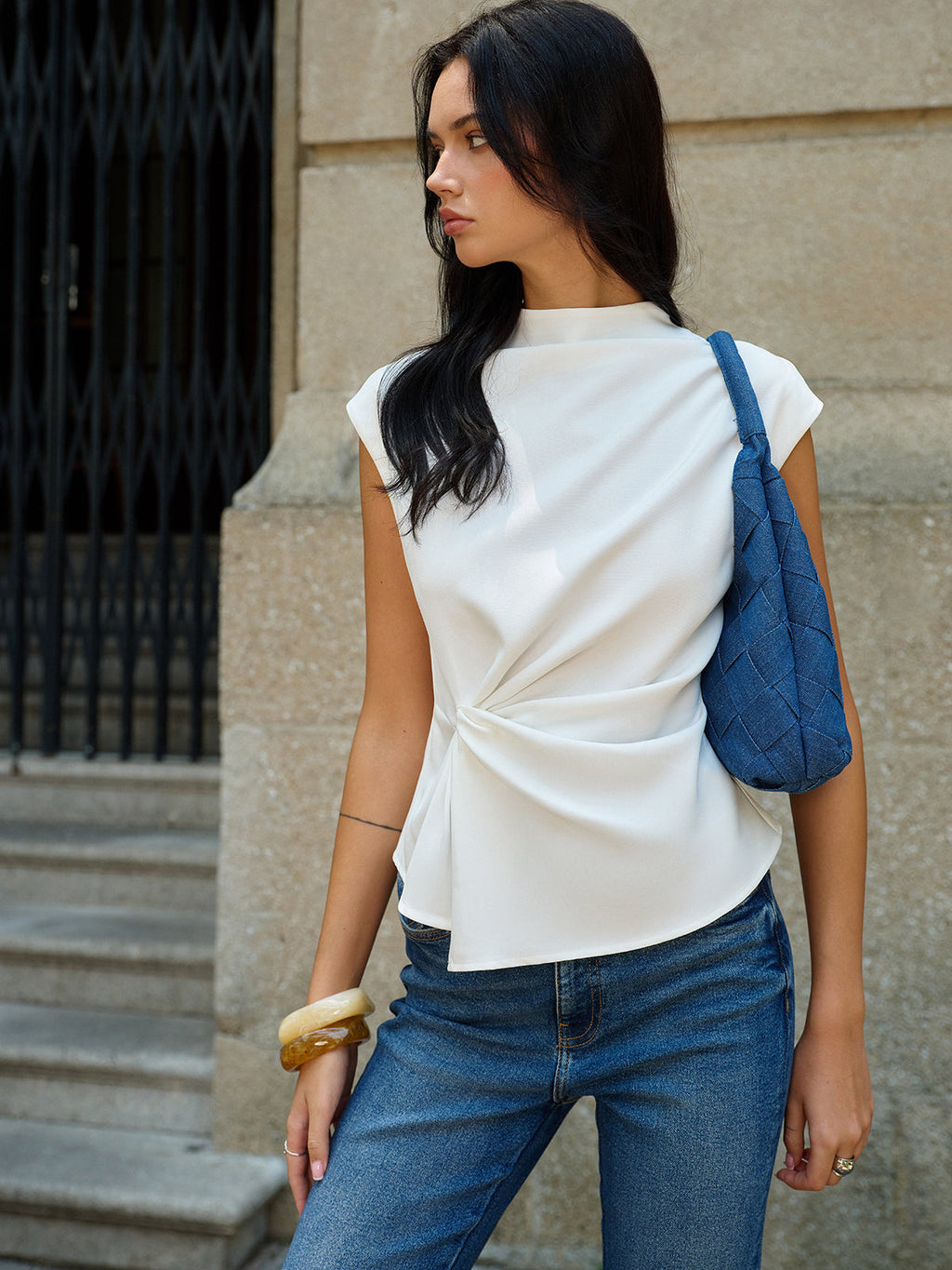Sienna Women's Top | Sleeveless Woven Blouse with Ruched Detail