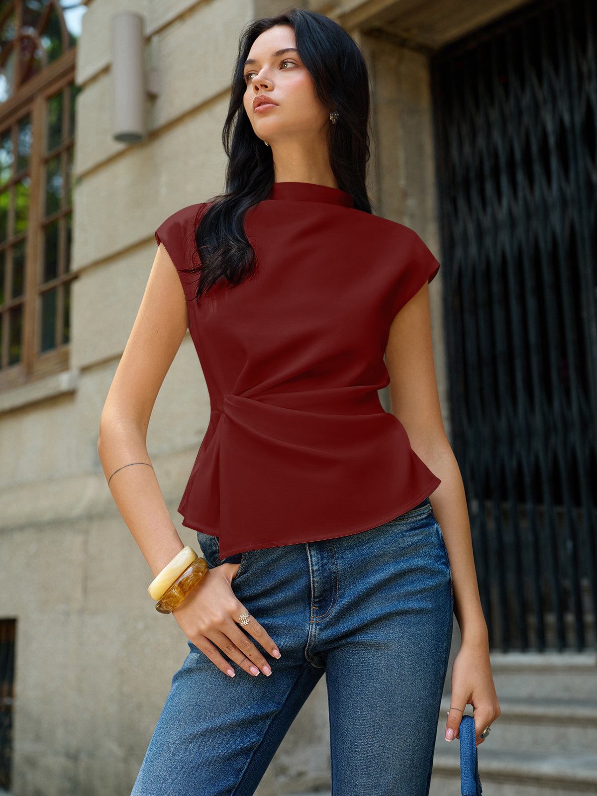 Sienna Women's Top | Sleeveless Woven Blouse with Ruched Detail