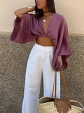 Talia Women's Blouse | 100% Cotton, Cropped Tie-Front Long Sleeve Top