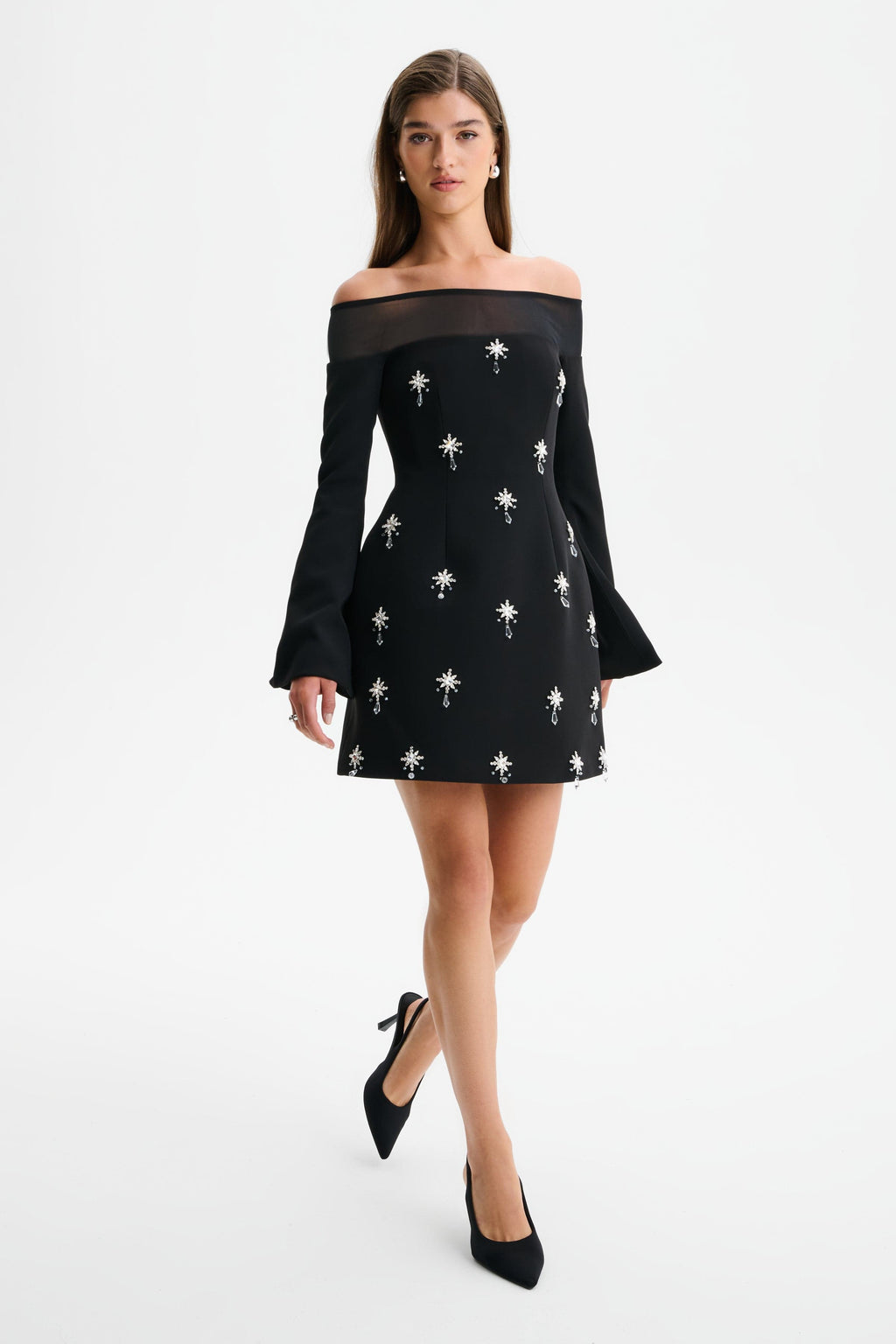 Yara Women's Black Dress | Off-Shoulder Tulip Mini, Embellished Crepe 0