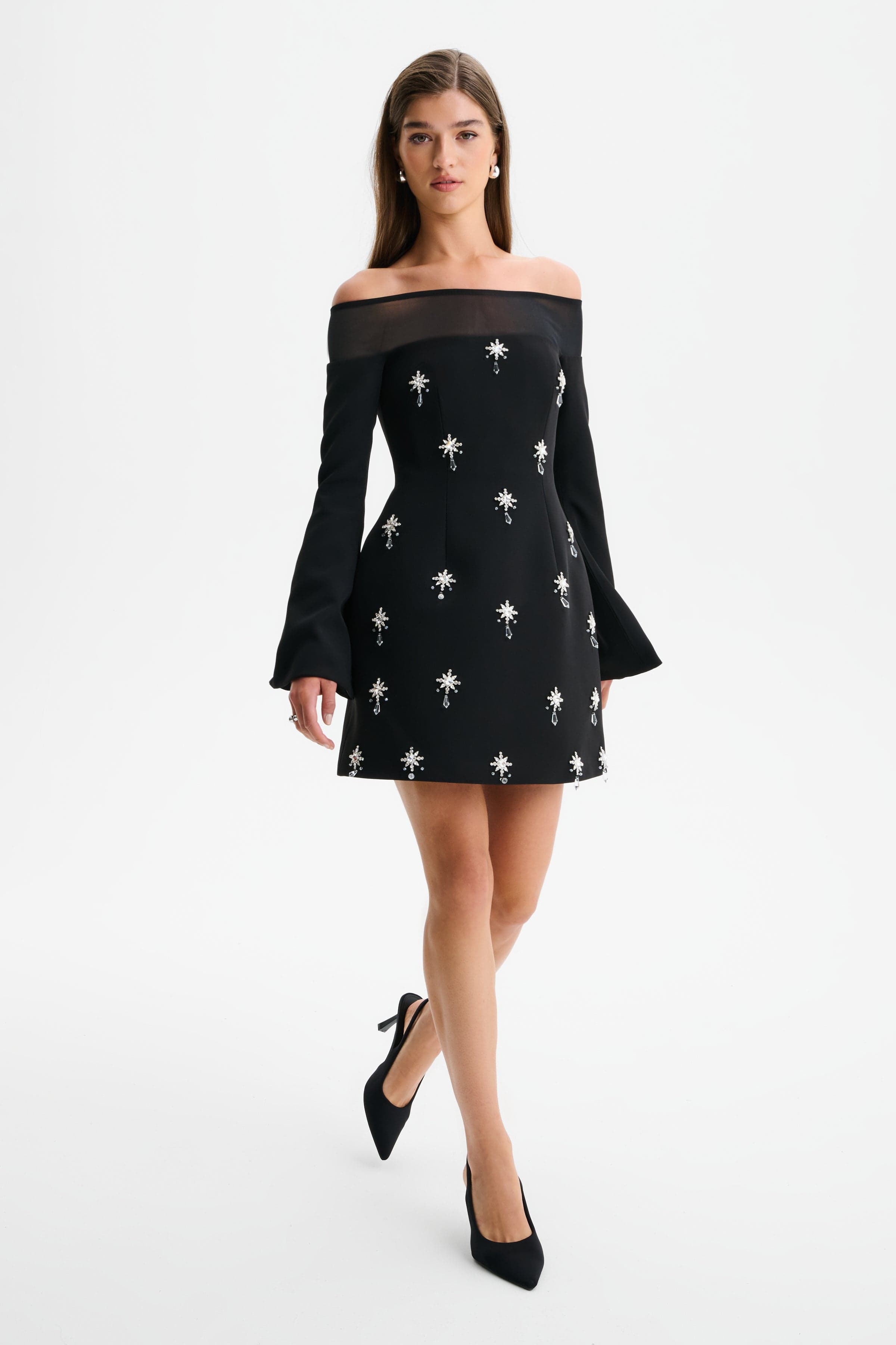 Yara Women's Black Dress | Off-Shoulder Tulip Mini, Embellished Crepe 0