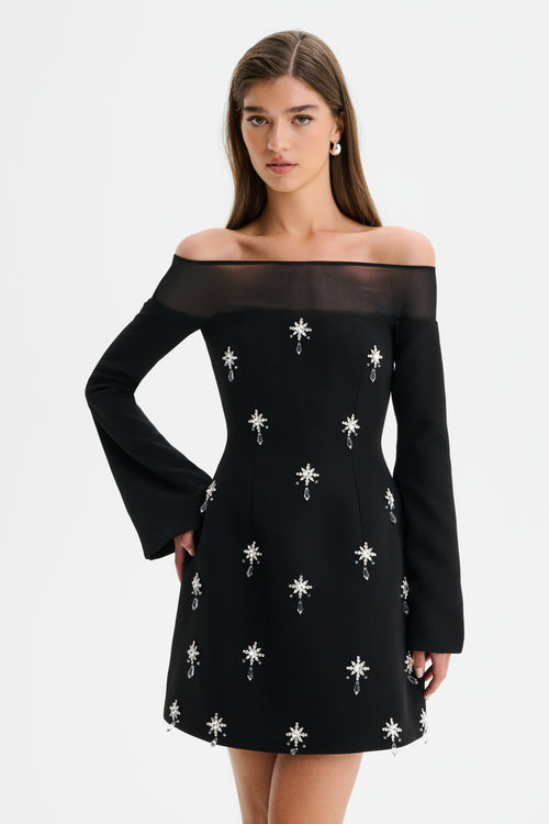 Yara Women's Black Dress | Off-Shoulder Tulip Mini, Embellished Crepe 1